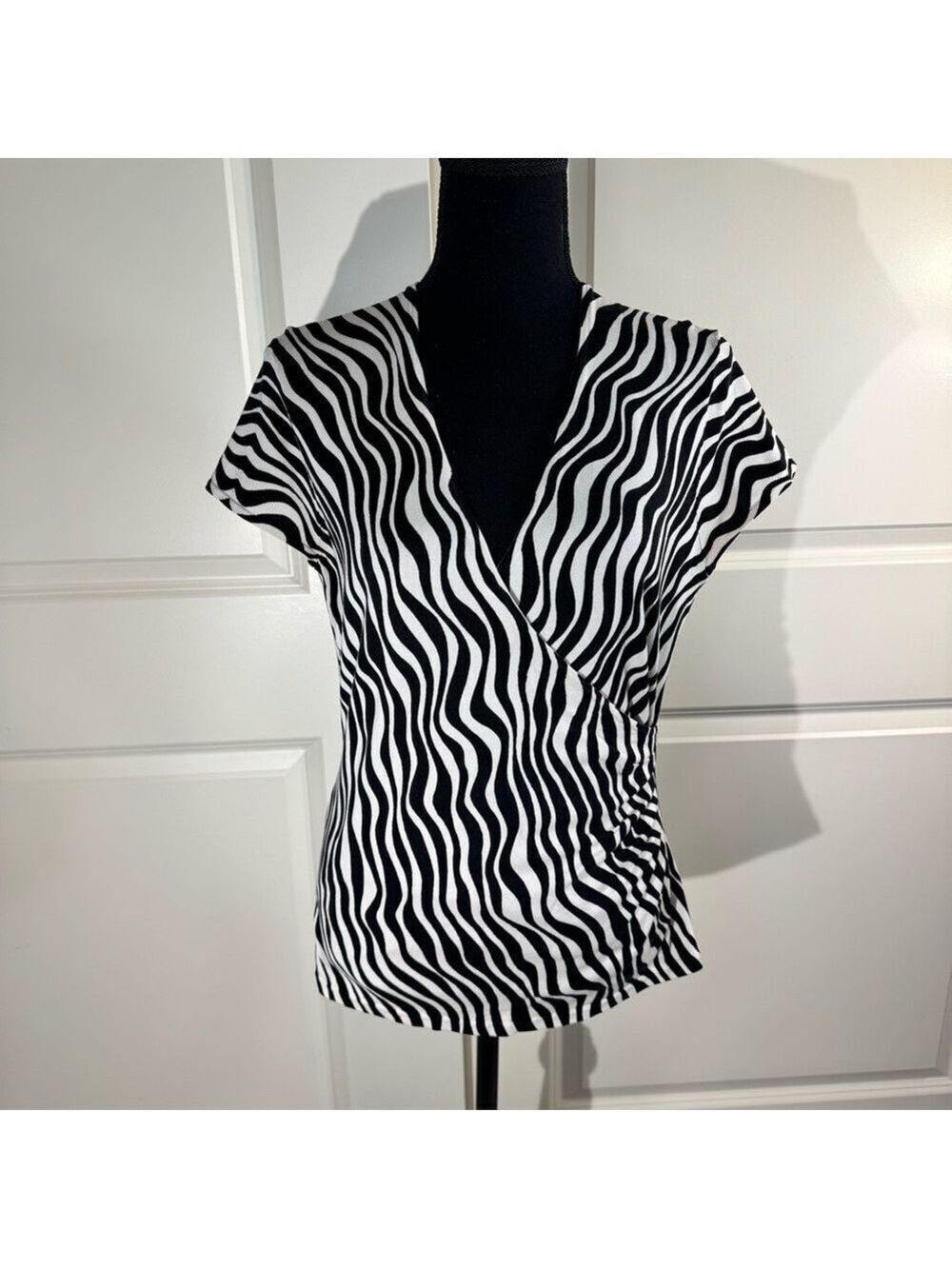 Chaus Black & Cream Zebra Print Faux Wrap Silk Blend Top Medium